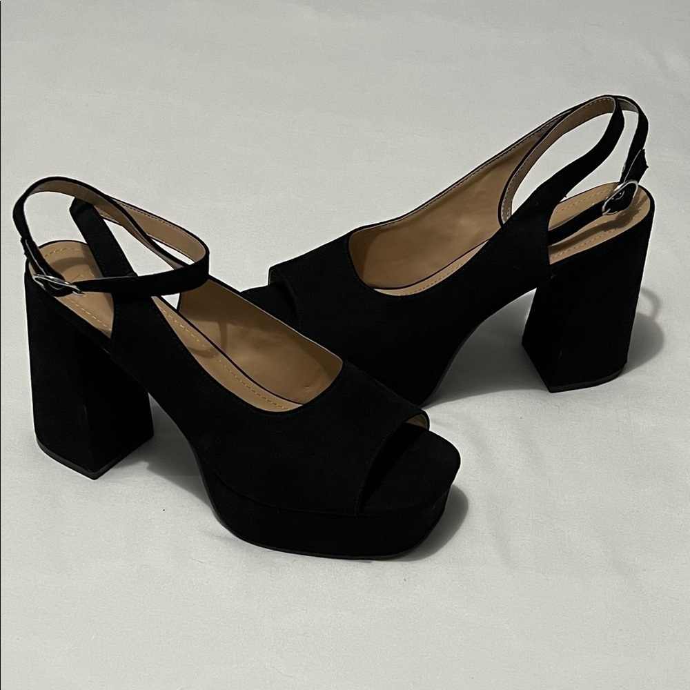 JF Black Faux Suede Peep Toe Platform Heels with Wraparound Ankle Strap